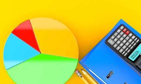 Pie chart with ring binders and calculator Stock Illustration