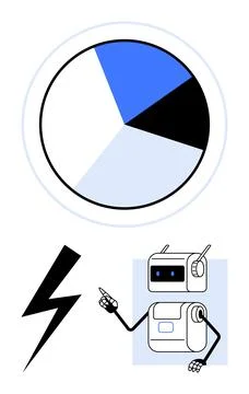 Pie Chart with Robot and Lightning Bolt Symbolizing Data, Technology, and E.. Stock Illustration