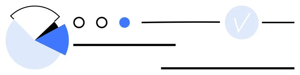 Pie chart with segmented colors, three circle icons, check mark within anothe Stock Illustration