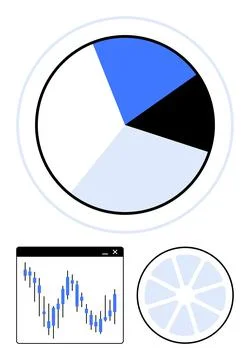 Pie chart segmented in white, blue, and black. Candlestick graph in small win Stock Illustration