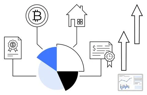 Pie chart segments connected to icons representing cryptocurrency, real estat Stock Illustration