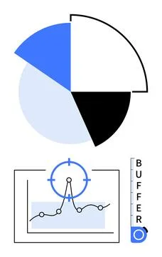 Pie chart with segments, line graph showing trends under a target, and a gaug Stock Illustration