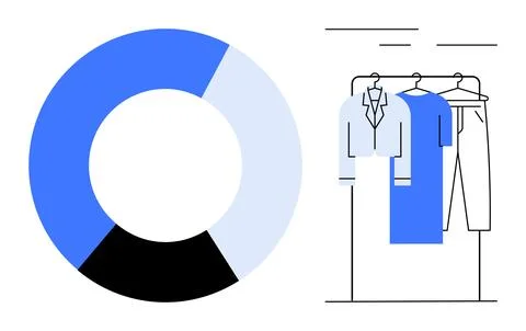 Pie chart showcases sales data next to a clothes rack with shirts and pants.  Illustrazione stock