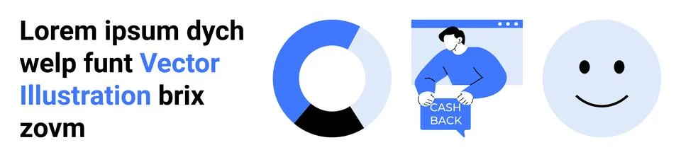 Pie chart, smiling face, man holding cash back sign in blue. Ideal for busine Stock Illustration