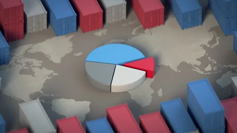 Pie chart surrounded by cargo shipping containers 3D render animation Видео 334664737
