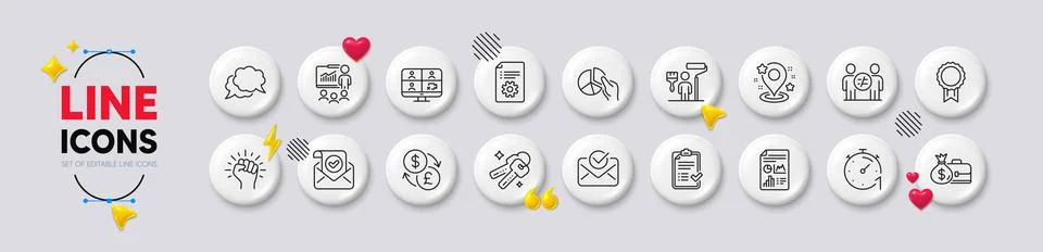 Pie chart, Technical documentation and Keys line icons. For web app, printing Stock Illustration