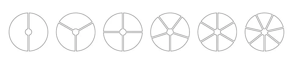 Pie chart templates. Circle divided on 2, 3, 4, 5, 6, 7 equal slices. Stockillustratie