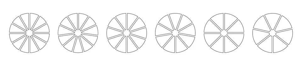 Pie chart templates. Circle divided on 12, 11, 10, 9, 8, 7 equal slices. Stockillustratie