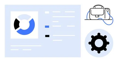 Pie chart with three segments, data listings, briefcase with tangled cables,  Illustrazione stock