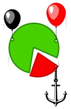 Pie chart of two parts. Anchor pulls down. Balloons lift up. Stock Illustration