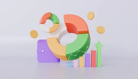 Pie chart with wallet and graphs, stock market icons, financial data 스톡 일러스트
