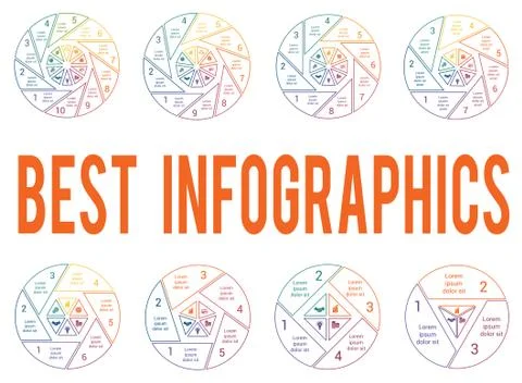 Pie chart on white background from line for 3, 4, 5, 6, 7, 8, 9, 10 options.  Illustrazione stock