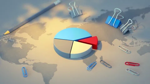Pie Chart on World Map with Office Supplies 3D Render Animation Stock Footage 338313841
