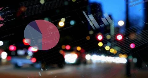 Pie charts and world map image over blurred city street lights at night Ilustração Stock