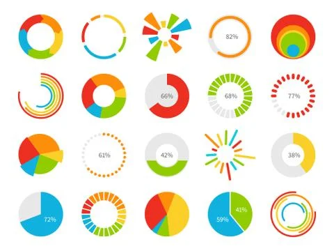 Pie charts. Graphic segmentation information circles, percentage statistic Ilustración de archivo