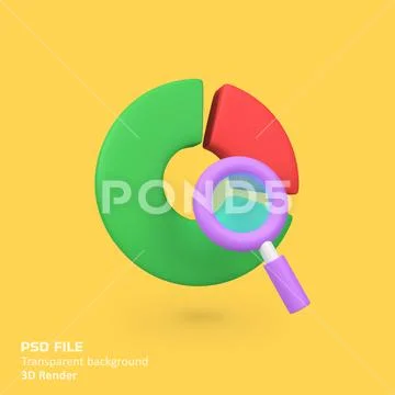 Pie Diagram with Magnifying Glass isolated 3d render icon illustration PSD Template