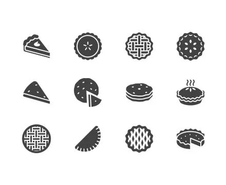 Pie flat glyph icons set. Ossetian, cherry, apple, pumpkin pies, casserole, pita Stock Illustration