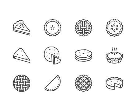 Pie flat line icons set. Ossetian, cherry, apple, pumpkin pies, casserole, pita Illustrazione stock