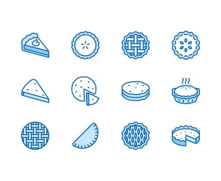 Pie flat line icons set. Ossetian, cherry, apple, pumpkin pies, casserole, pita Illustrazione stock