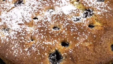Pie with fresh blueberries and powdered sugar, top view, background Stock Footage 341159541