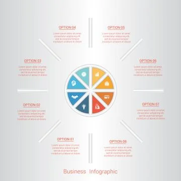 Pie infographic template with text areas on eight positions. Stock Illustration