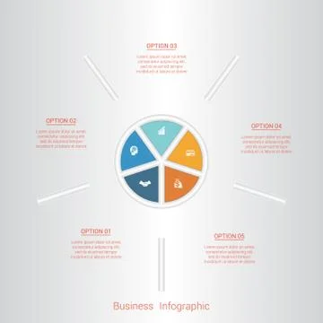 Pie infographic template with text areas on five positions. Stock Illustration