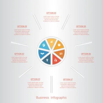 Pie infographic template with text areas on seven positions. Stock Illustration