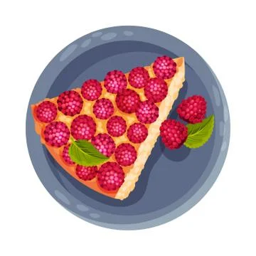 Pie or Tart Piece with Raspberry as Dessert Served on Plate Vector Illustration 스톡 일러스트