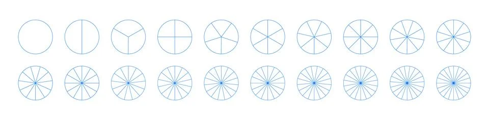 Pie, pizza charts set. Segmented flat blue charts. Many number of sectors divide Stock Illustration