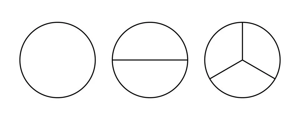 Pie, pizza rounded shape cut in 1,2,3 equal slices. Divided circle in one, two イラスト素材