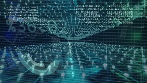 On pie segment appearing, node grid and rotating pie pulsing, panels sliding, Stock Footage 335211472