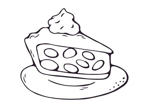 Pie Slice with Cream on Plate Hand Drawn Doodle Clipart Stock Illustration