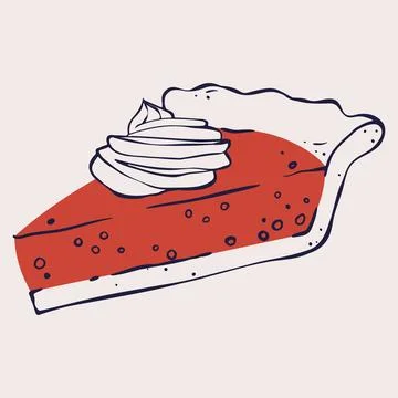 Pie Slice with Red Orange Filling and Whipped Cream Swirl. Hand Drawn Flat St Stock Illustration