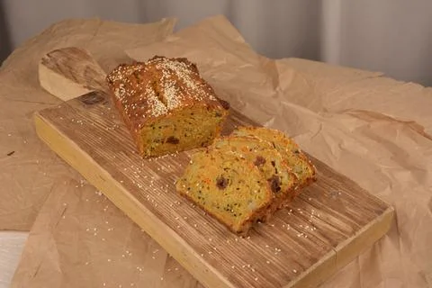 The pie is sliced on a table. Stock Photos