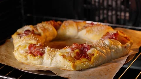 Pie stuffed with potatoes and bacon baked in the oven Stock Footage 264141789