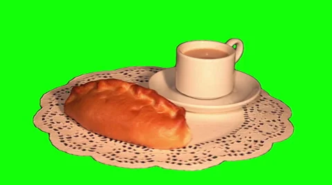 Pie with stuffing and cup of white coffee Stock Footage 48443135