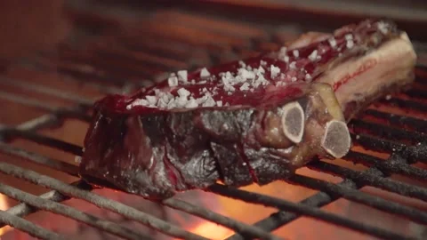 A piece of beef is on the grill . Close-up Stock Footage 157810885