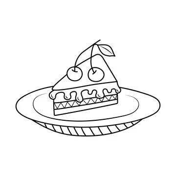 Piece of cake with cherry on a plate in doodle style. Birthday, celebration.. Stock Illustration