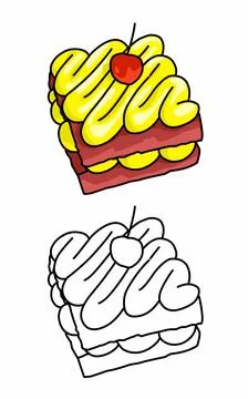 A piece of cake with a cherry on top coloring page  Stock Illustration