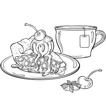 Piece of cake with a cup of tea line art Stock Illustration
