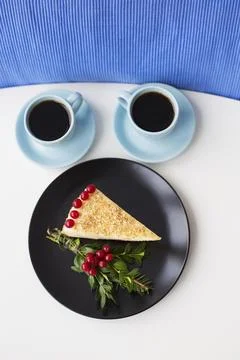 Piece of cake decorated with tree branches and berries viburnum on a black plate Stock Photos