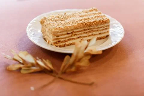 Piece of cake Napoleon on white plate decorated with dried twigs. Stock Photos