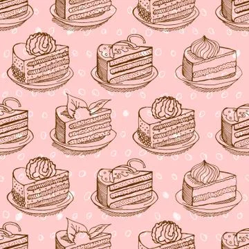 Piece of cake on plate seamless pattern. drawing Pie background. Ornament for イラスト素材