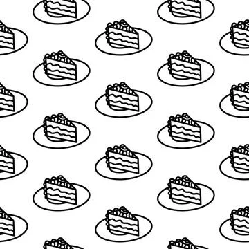 Piece of cake on plate seamless pattern. Doodle piece of cake outline pattern Stock Illustration