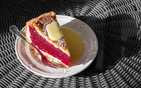 Piece of cake with raspberry jam 스톡 사진