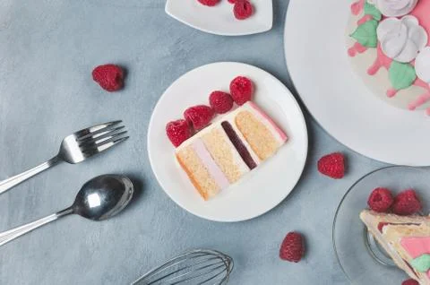 Piece of cake with a raspberry on plate Stock Photos