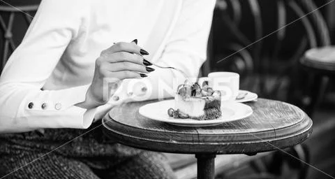 Piece of cake with red berry. Gourmet recipe food. Cake slice on white plate Stock Photos
