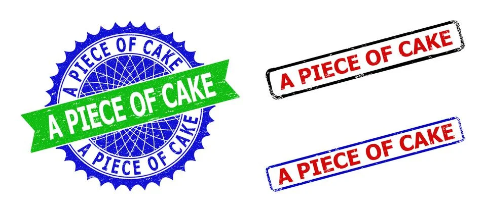 A PIECE OF CAKE Rosette and Rectangle Bicolor Seals with Scratched Textures Stock Illustration