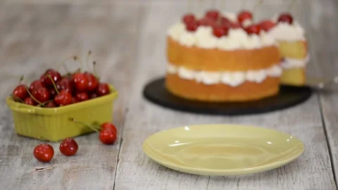 Piece of Cherry Cake With Vanilla Cream. Stock Footage 134572336