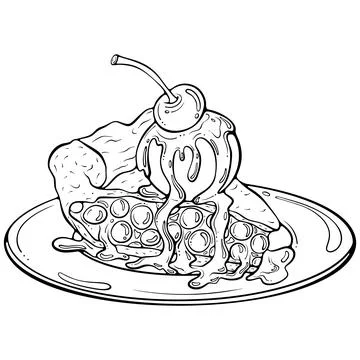 Piece of cherry pie on a plate line art Stock Illustration